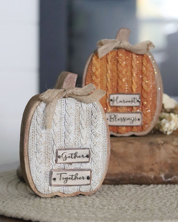 Cable Knit Textured Pumpkin Block With Bows Tall