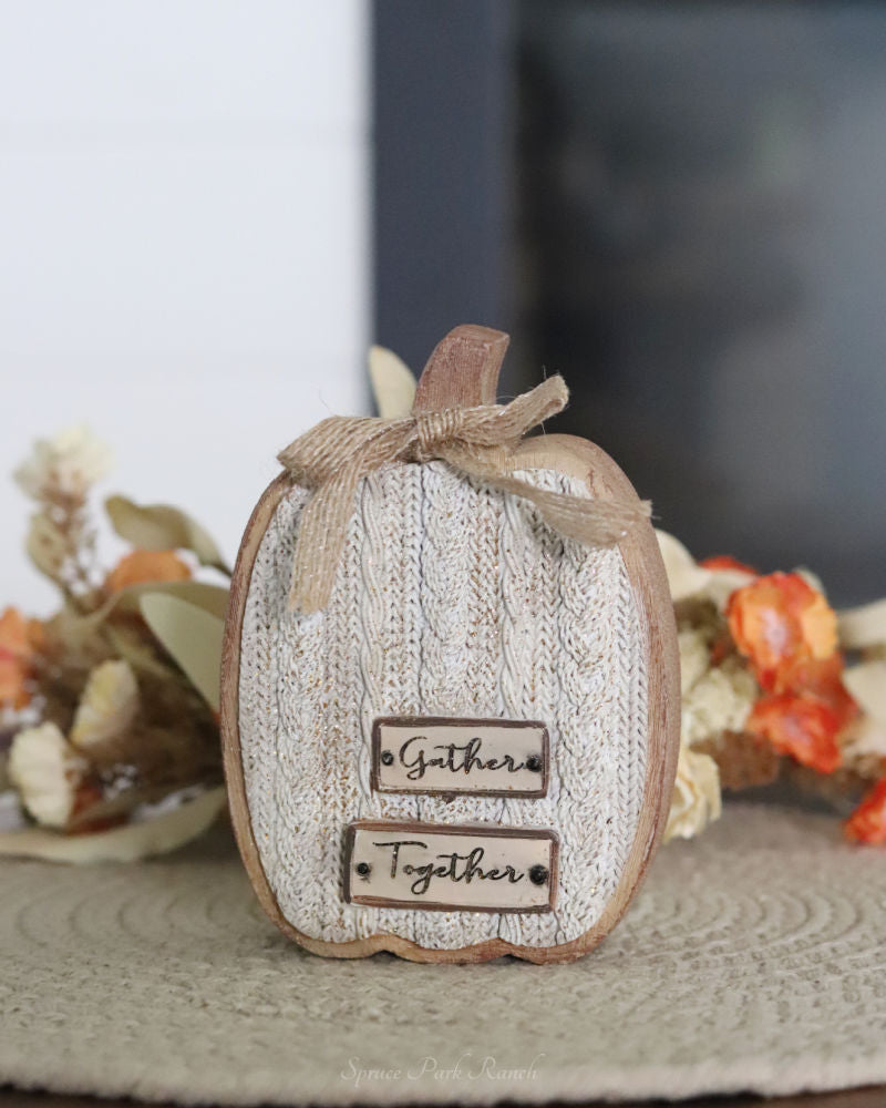 Cable Knit Textured Pumpkin Block With Bows Tall
