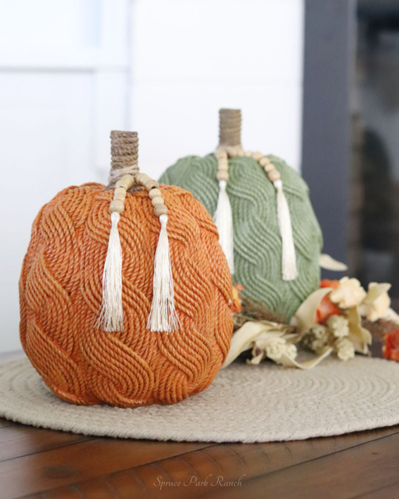 Cable Knit Harvest Pumpkin with Beaded Tassel