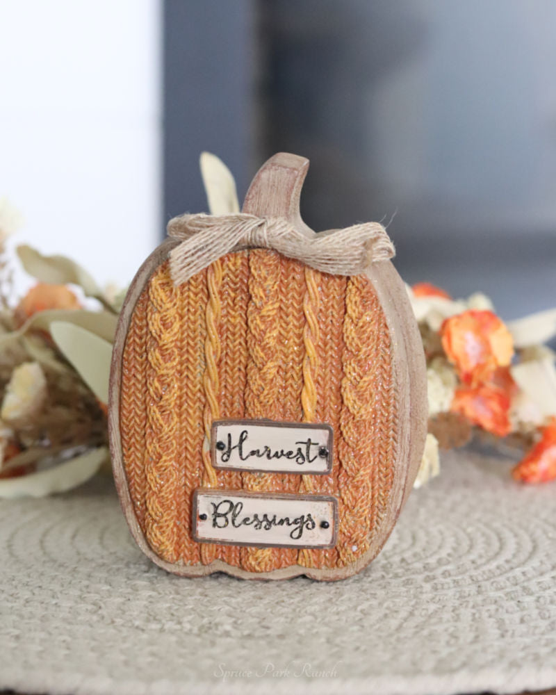 Cable Knit Textured Pumpkin Block With Bows Tall