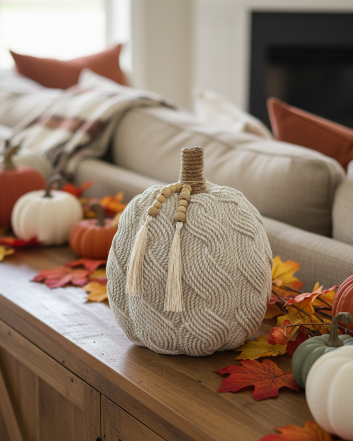 Cable Knit Harvest Pumpkin with Beaded Tassel