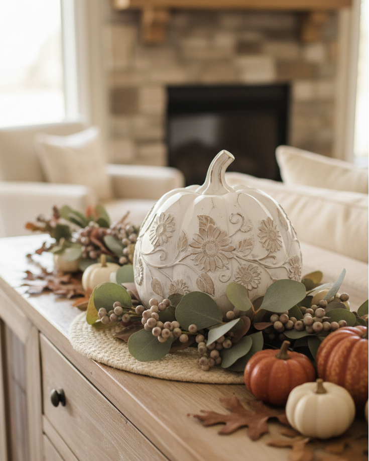 White Embossed Harvest Pumpkin Large