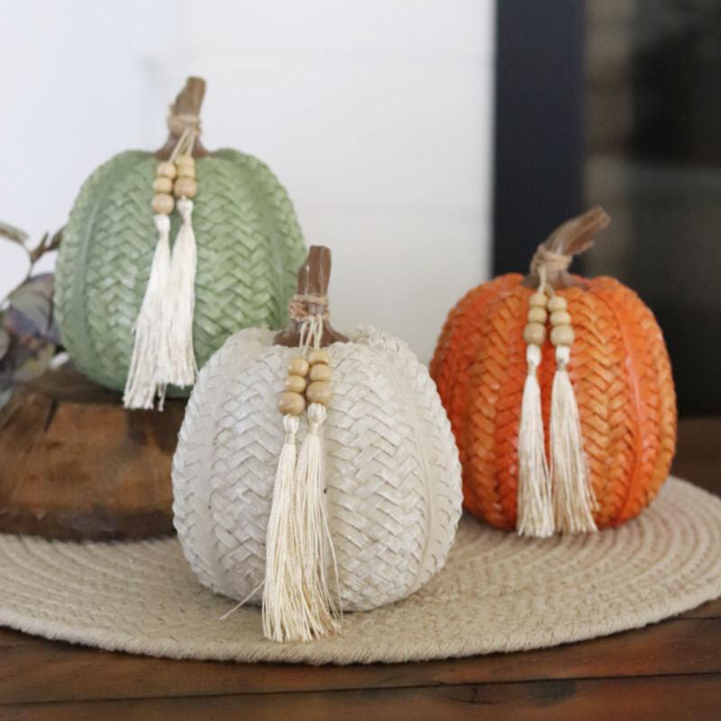 Woven Harvest Pumpkin with Beaded Tassel