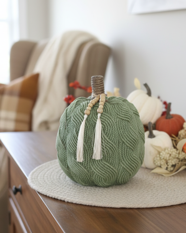 Cable Knit Harvest Pumpkin with Beaded Tassel