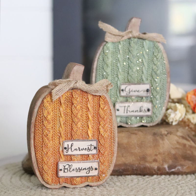 Cable Knit Textured Pumpkin Block With Bows Tall
