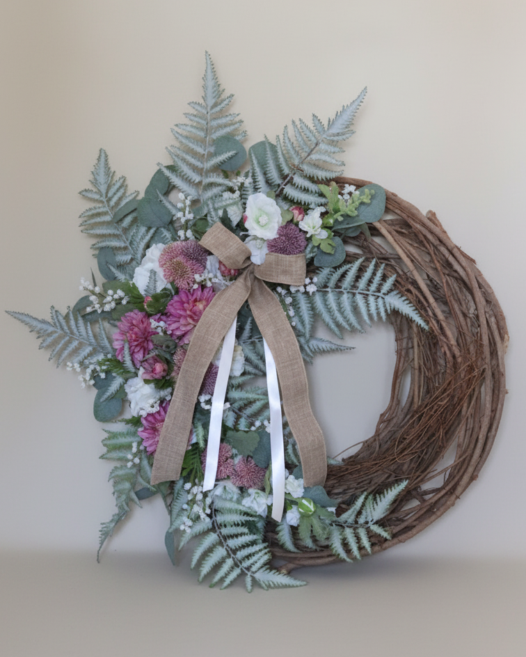 Purple Dahlia and Hollyhock Fern Wreath