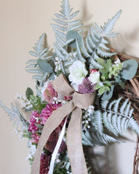 Purple Dahlia and Hollyhock Fern Wreath