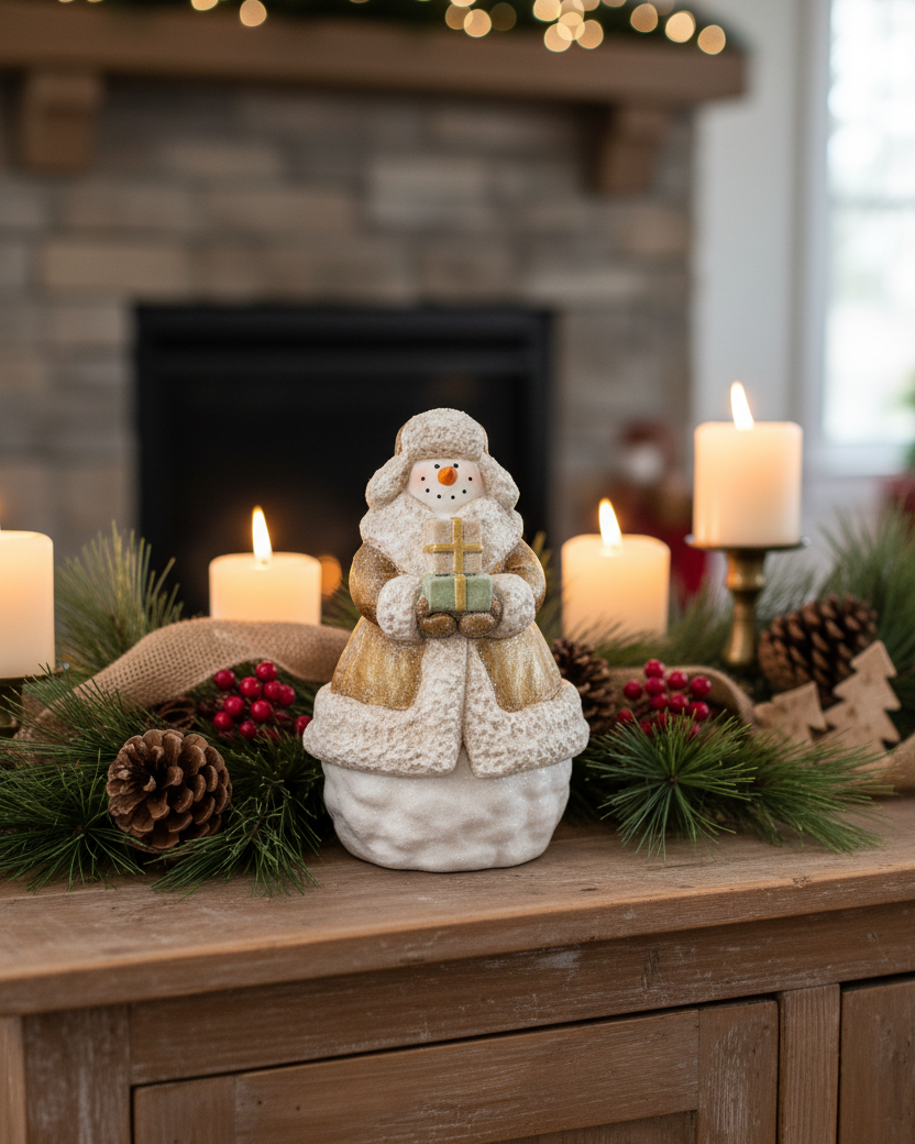 White and Gold Present Rustic Resin Snowman
