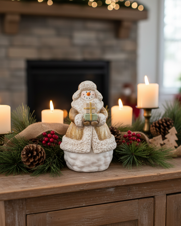 White and Gold Present Rustic Resin Snowman