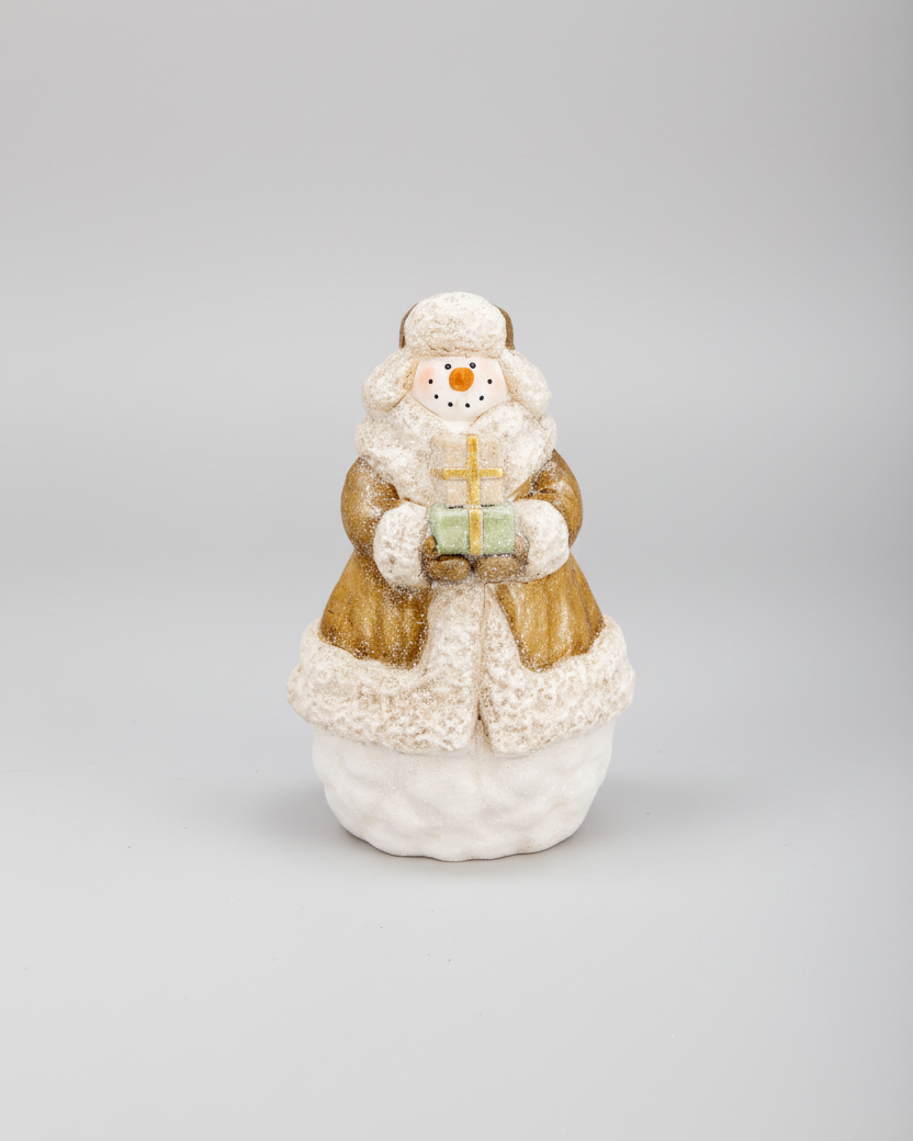 White and Gold Present Rustic Resin Snowman