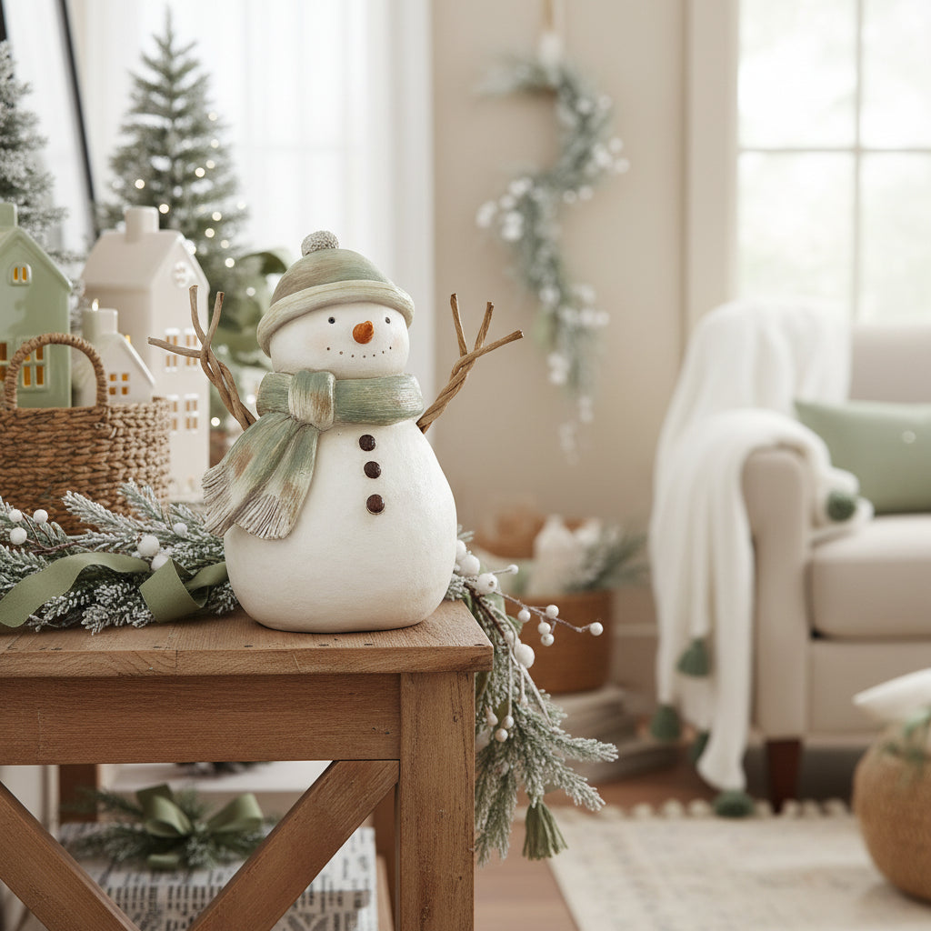Green Scarf Rustic Resin Snowman