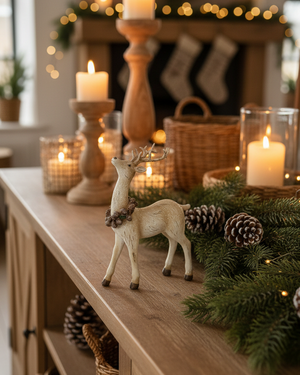 Resin Distressed Deer With Neck Wreath