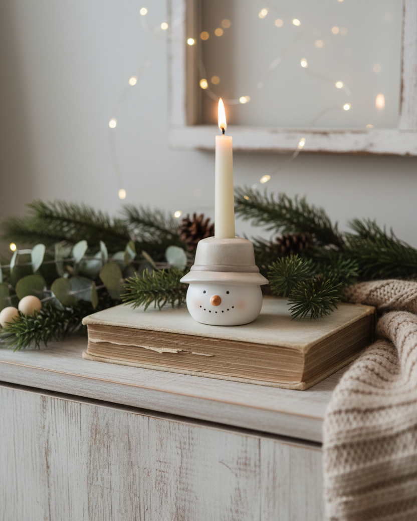Rustic Snowfall Resin Snowman Head Taper Candle Holder