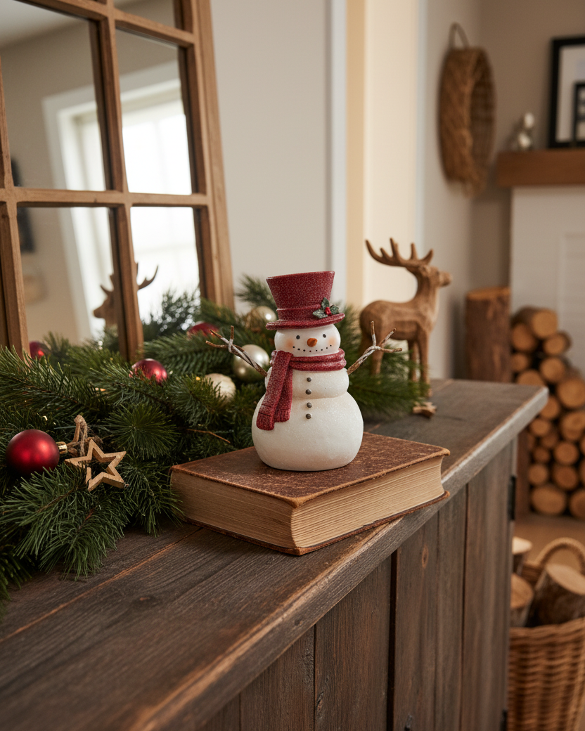 Rustic Crimson Resin Snowman