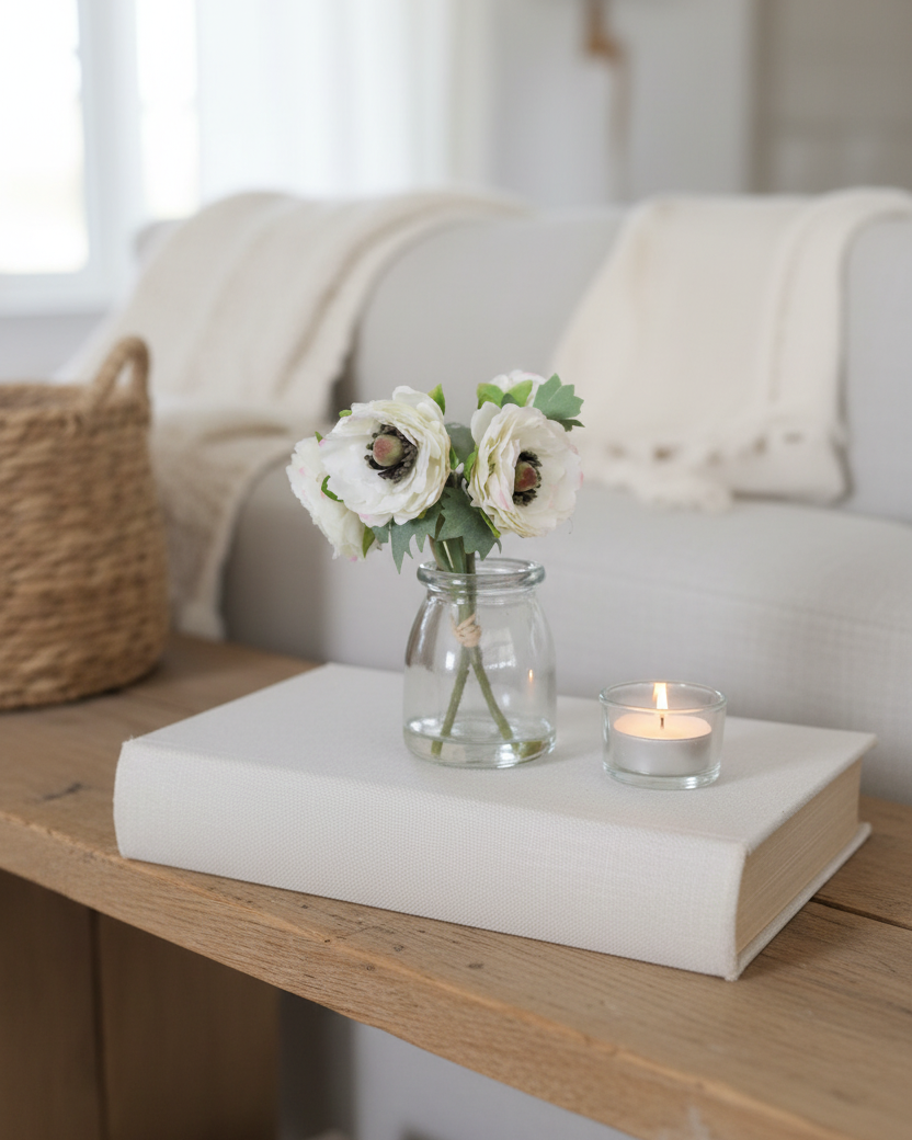 Mini White Ranunculus Bouquet in Glass Vase With Faux Water