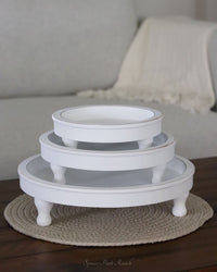 Distressed White Round Wood Tray on Stand