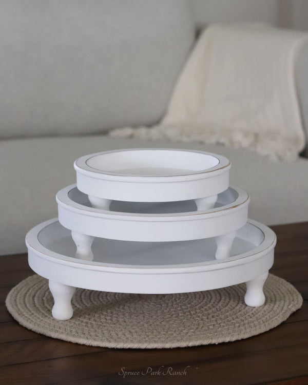 Distressed White Round Wood Tray on Stand
