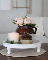 Distressed White Round Wood Tray on Stand