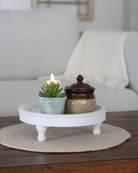 Distressed White Round Wood Tray on Stand