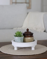 Distressed White Round Wood Tray on Stand