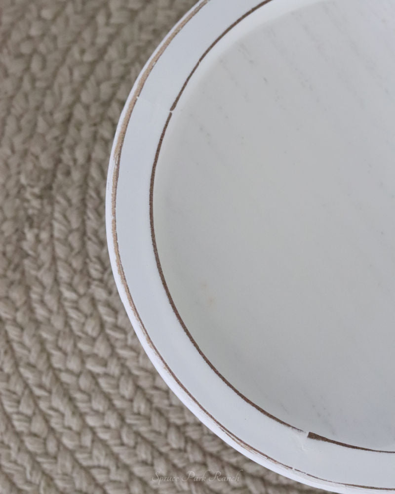 Distressed White Round Wood Tray on Stand