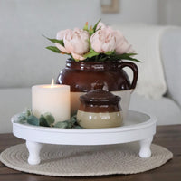 Distressed White Round Wood Tray on Stand