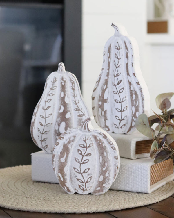 Rustic Carved Wood White Harvest Gourd