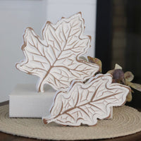 Rustic Carved Wood White Harvest Leaf