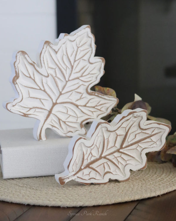 Rustic Carved Wood White Harvest Leaf