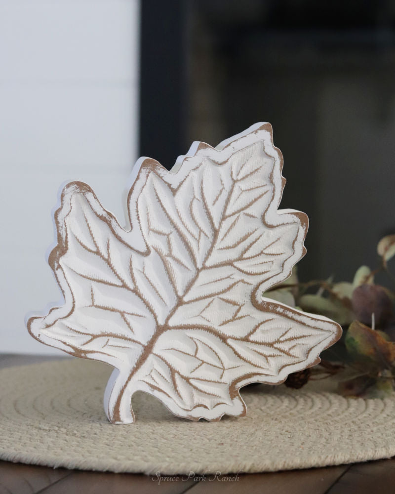 Rustic Carved Wood White Harvest Leaf