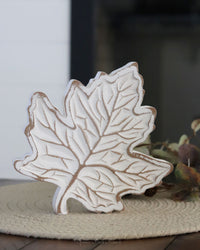 Rustic Carved Wood White Harvest Leaf