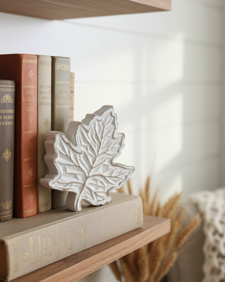 Rustic Carved Wood White Harvest Leaf