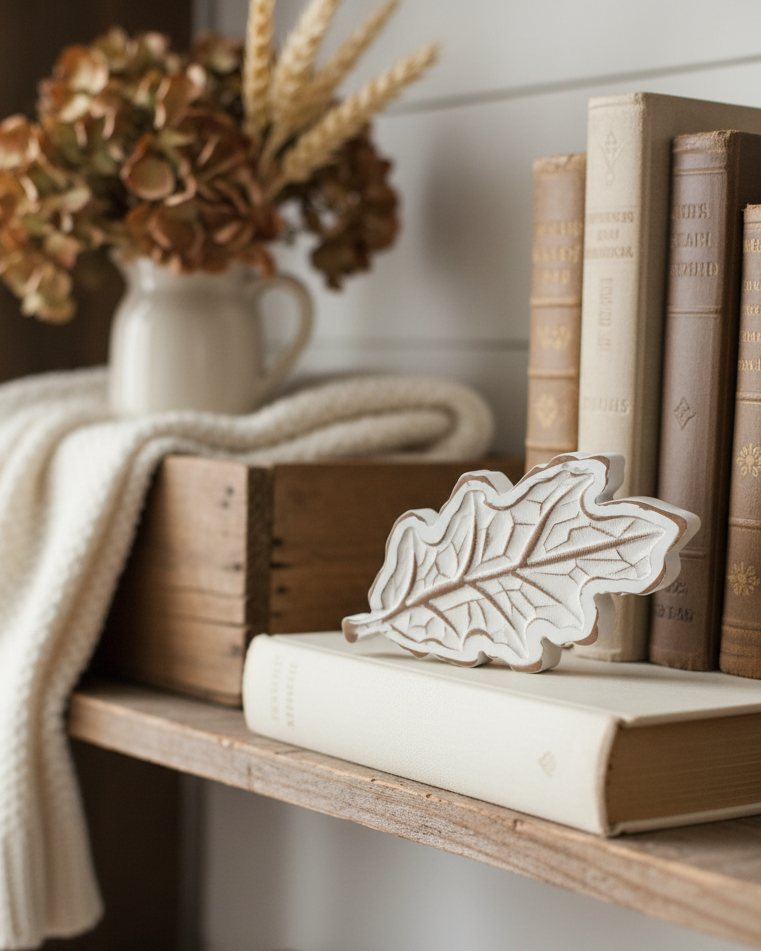 Rustic Carved Wood White Harvest Leaf
