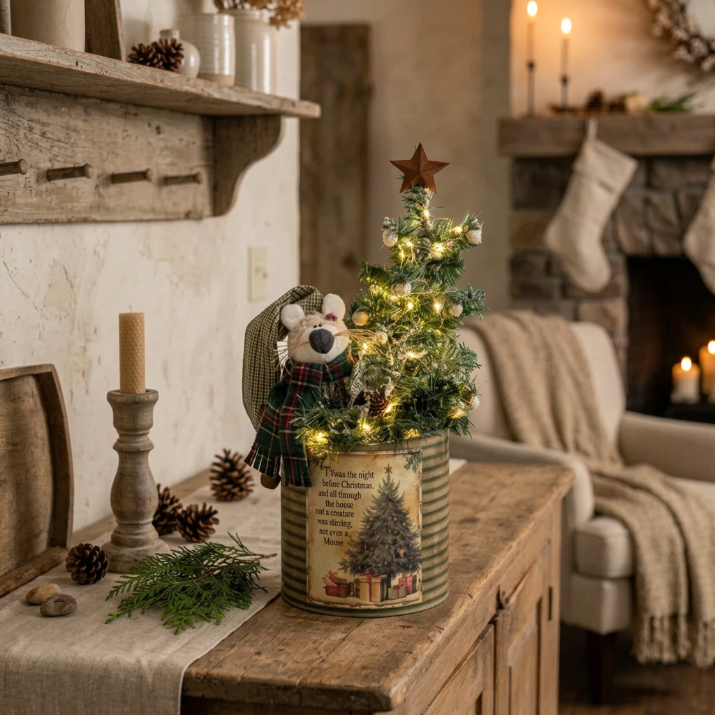 Rustic Mouse in Christmas Tin 16"H