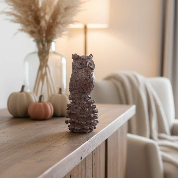 Rustic Owl and Pinecone Figurine