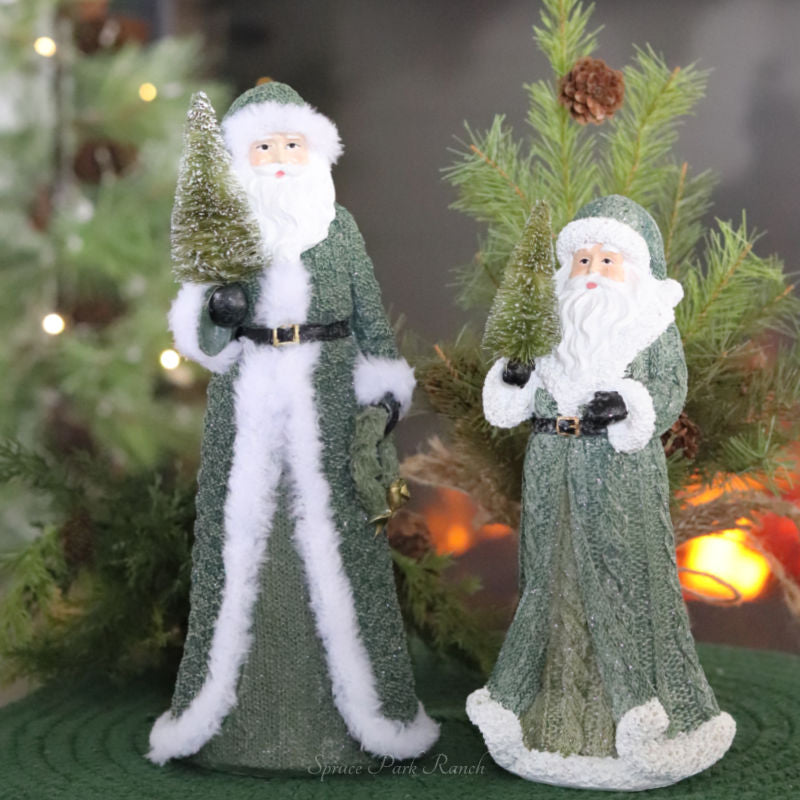 Santa with Green Coat and Bottle Brush Tree