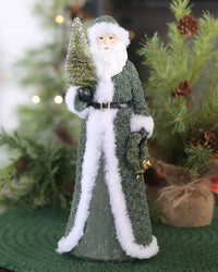 Santa with Green Coat and Bottle Brush Tree