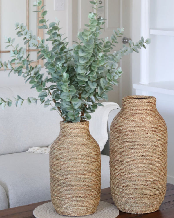 Woven Seagrass and Wood Vase