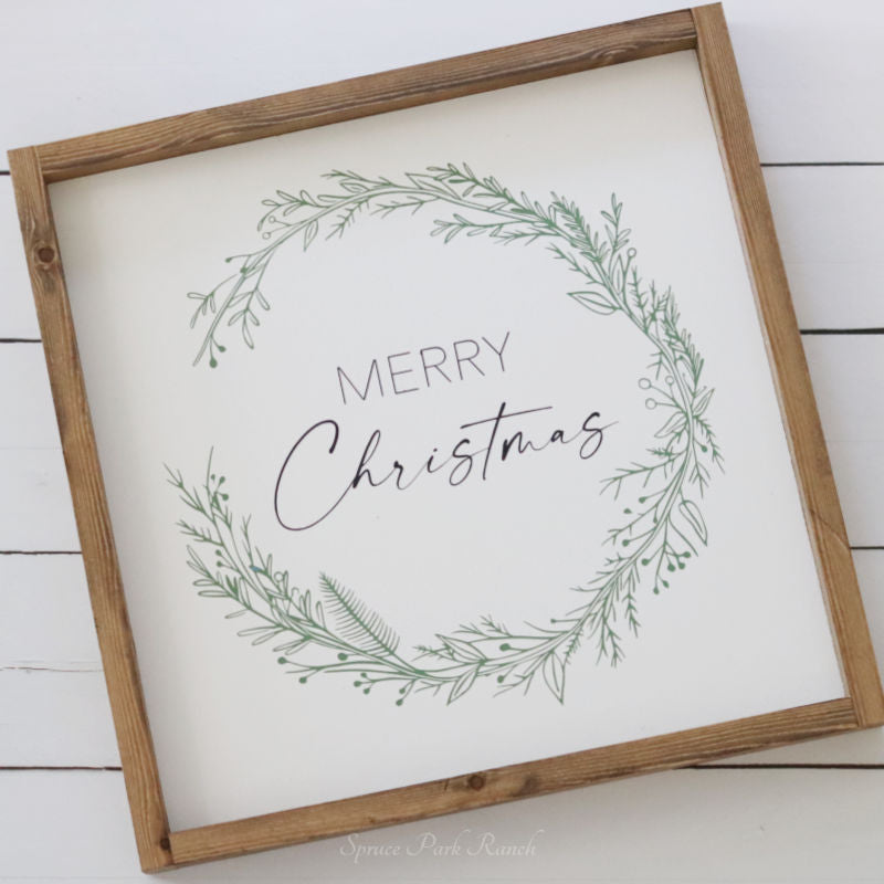 Merry Christmas Wreath Wood Sign