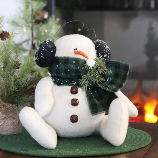 Earmuff Snowman With Green Plaid Scarf