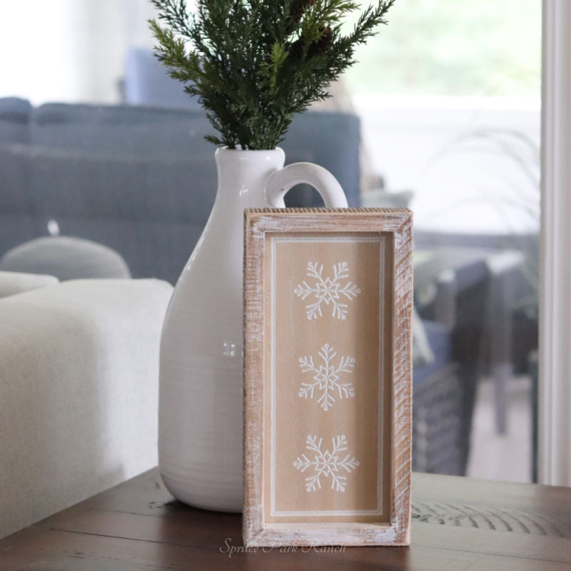 Reversible Natural Snowflakes and Leaf Stems Wood Sign