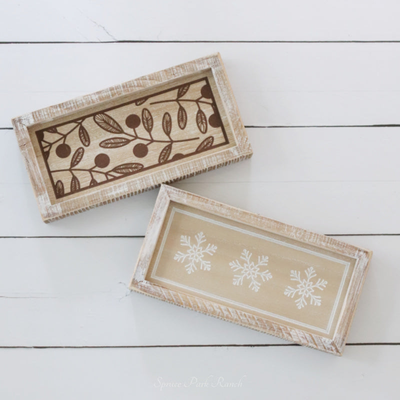 Reversible Natural Snowflakes and Leaf Stems Wood Sign