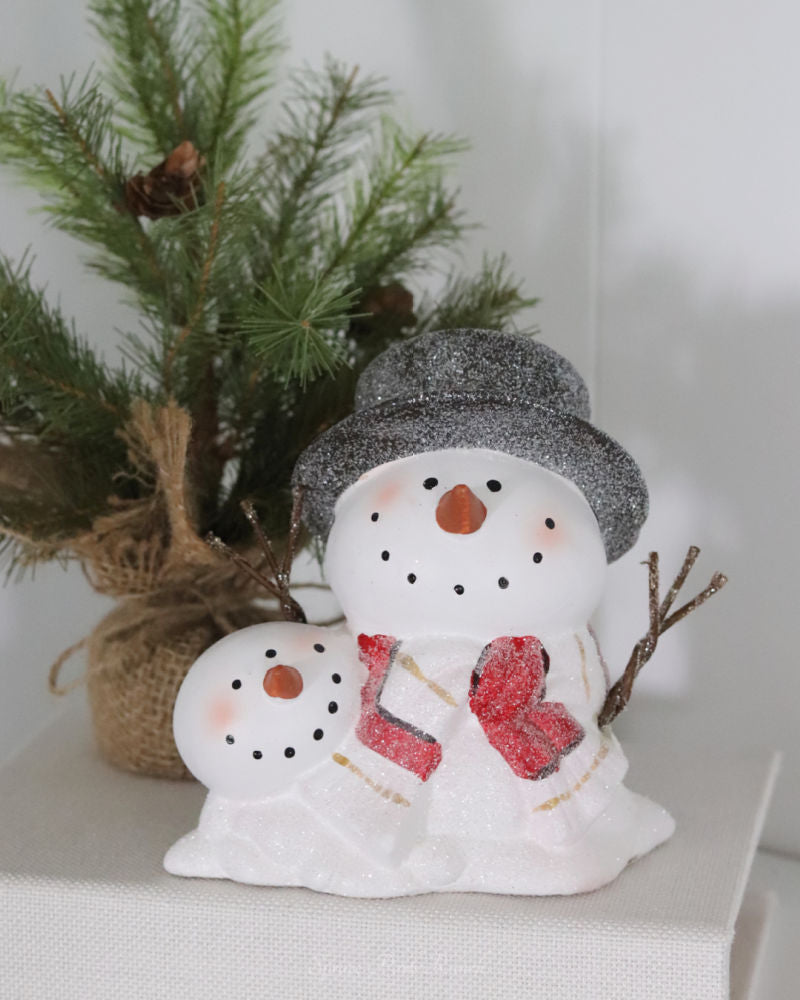 Red Scarf and Top Hat Resin Snowman Duo