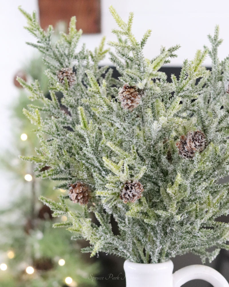 Snowy Juniper Stem With Mini Pinecones 25"