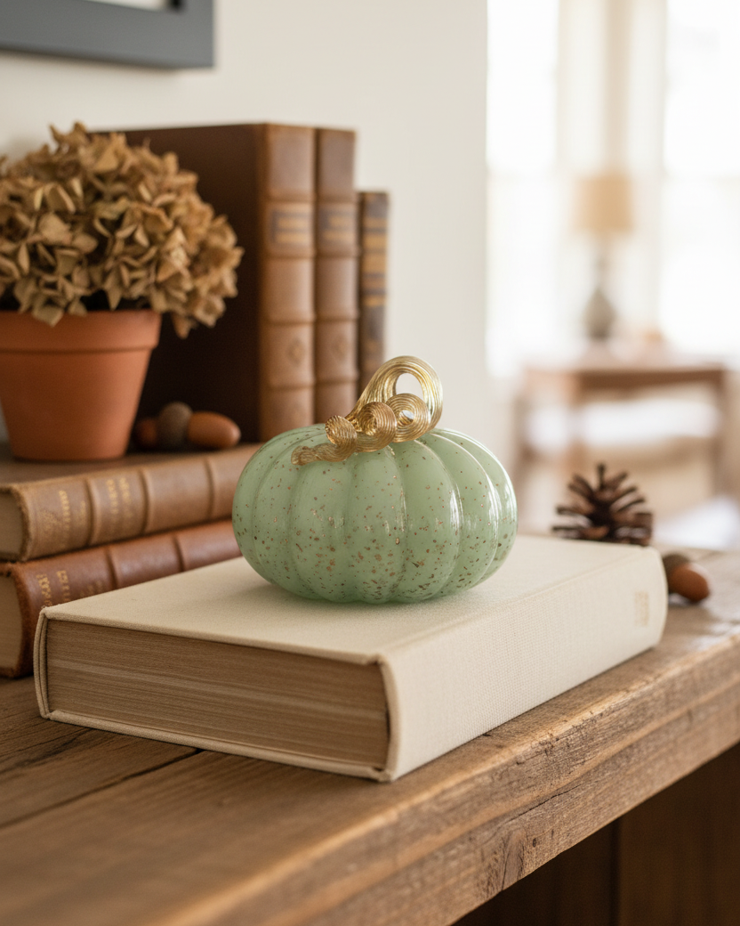 Soft Seafoam Glass Pumpkin with Gold Accent