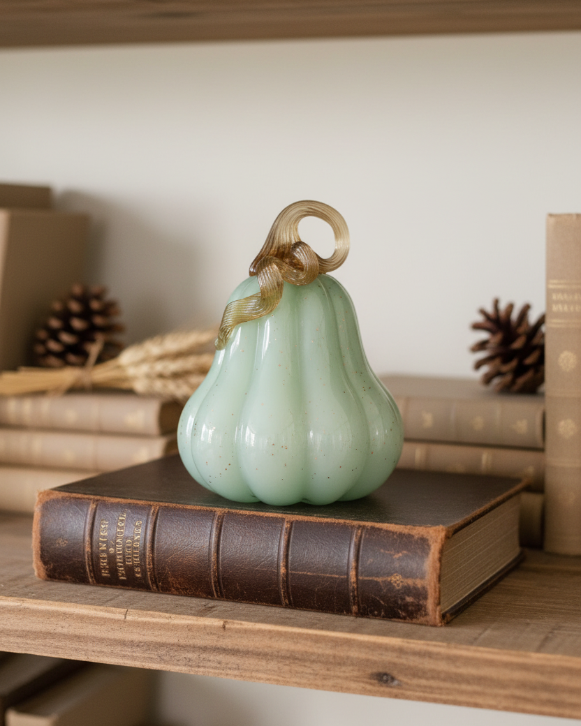 Soft Seafoam Glass Pumpkin with Gold Accent
