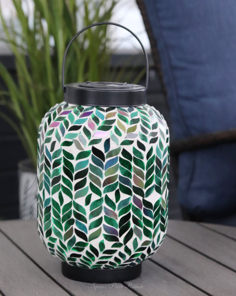 Solar Lighted Metal and Glass Mosaic Lantern Green