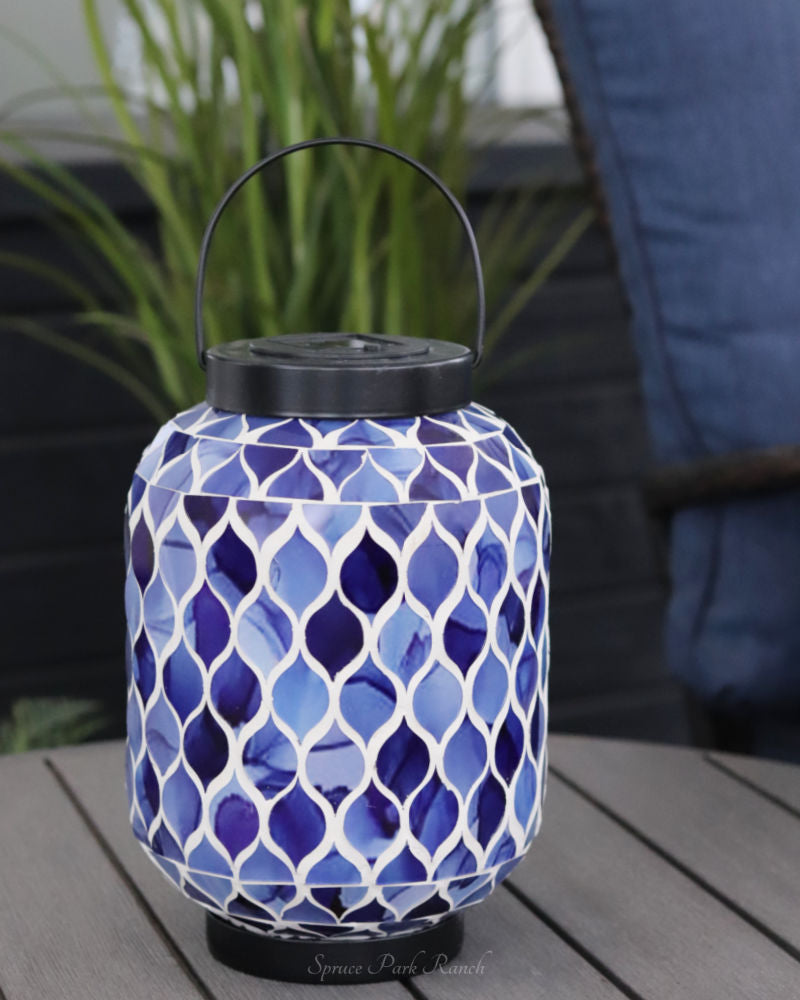 Solar Lighted Metal and Glass Mosaic Lantern Dark Blue