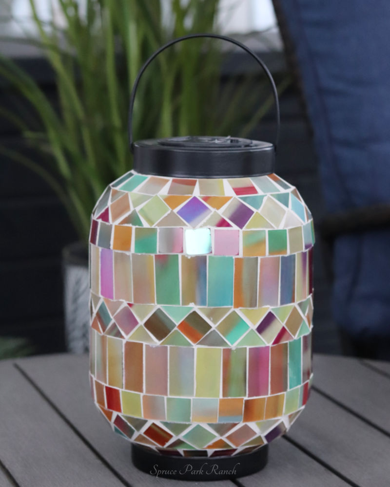 Solar Lighted Metal and Glass Mosaic Lantern Multicolour