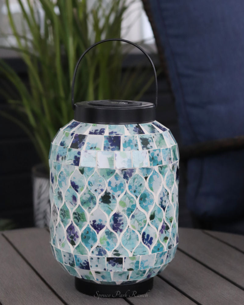Solar Lighted Metal and Glass Mosaic Lantern Light Blue